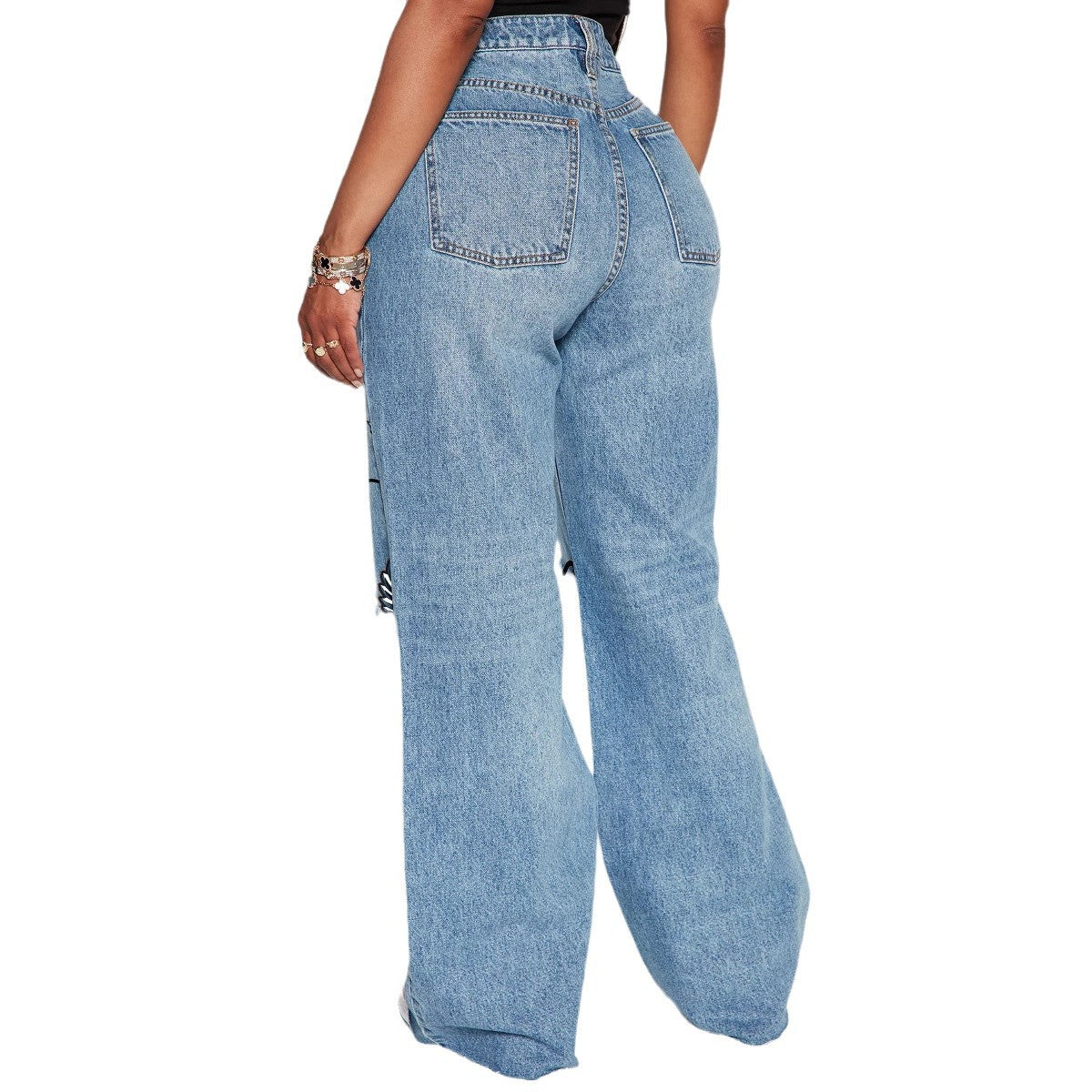 Women's Worn-out Design High Waist Fashion Trousers Jeans