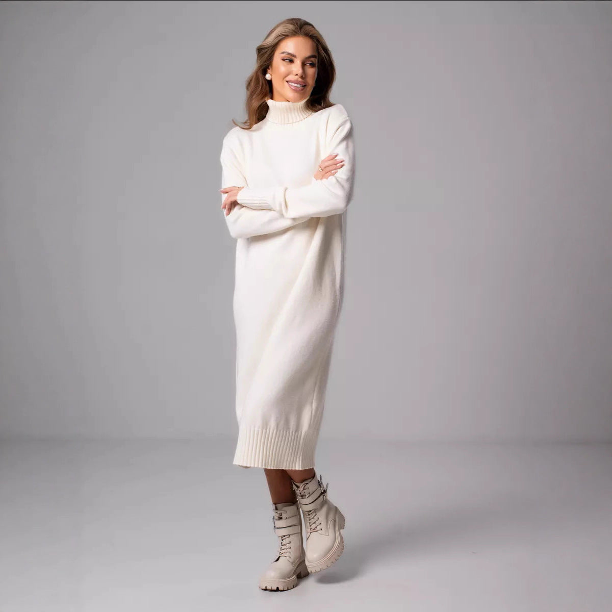 Women's Knitted Long Turtleneck Straight Loose Dress Women's Sweater