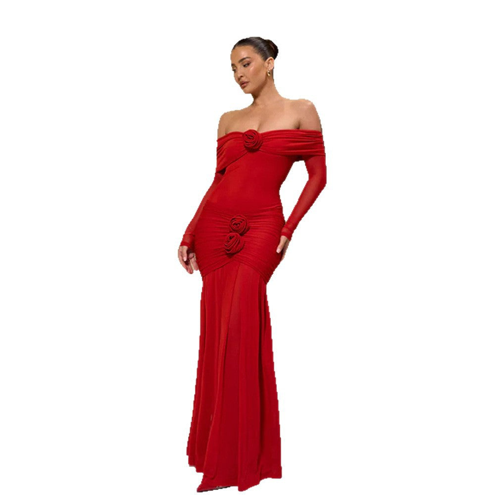 Women's Autumn Fashion Flower Decoration Sexy Pleated Dress