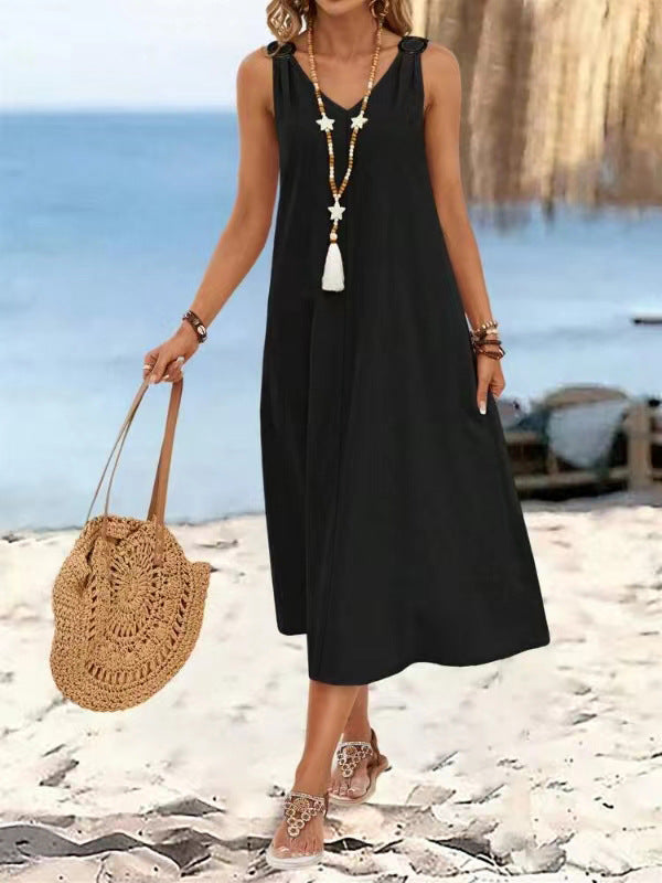 Women's Summer Elegant Style Solid Color Ring Buckle Dress