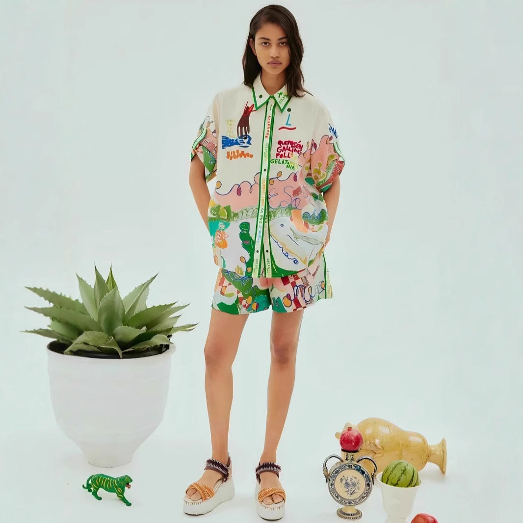 Classic Elegant Printed Linen Leisure Shirt Fashion Casual Suit
