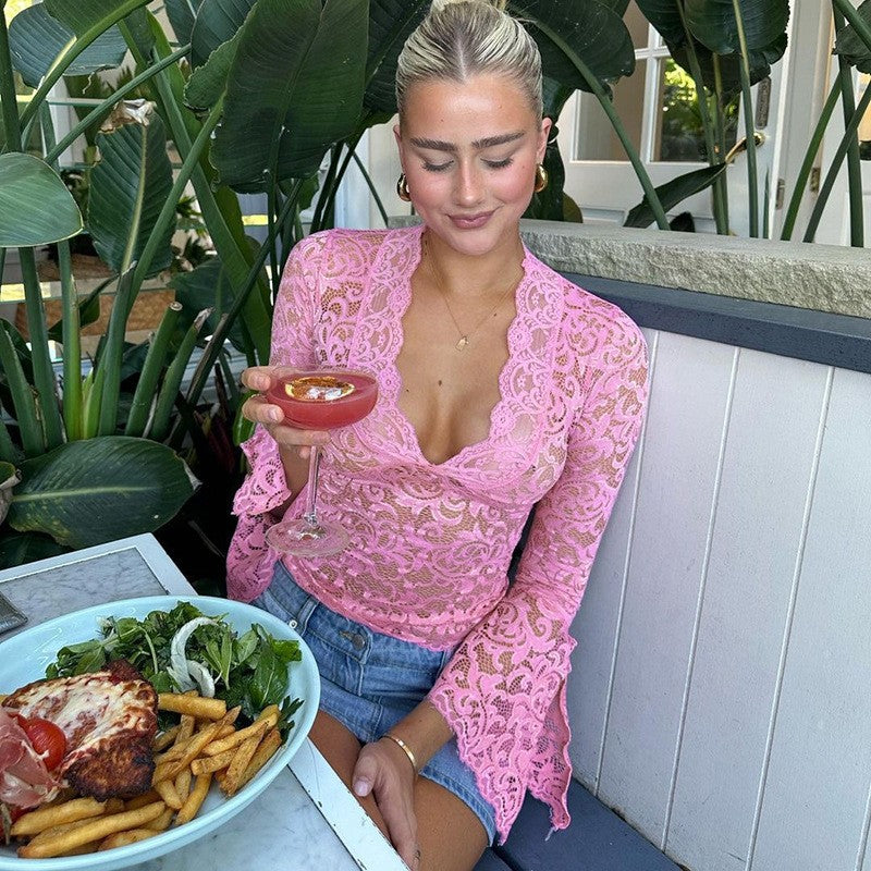 Sexy Deep V Cropped Lace Long-sleeved Blouses