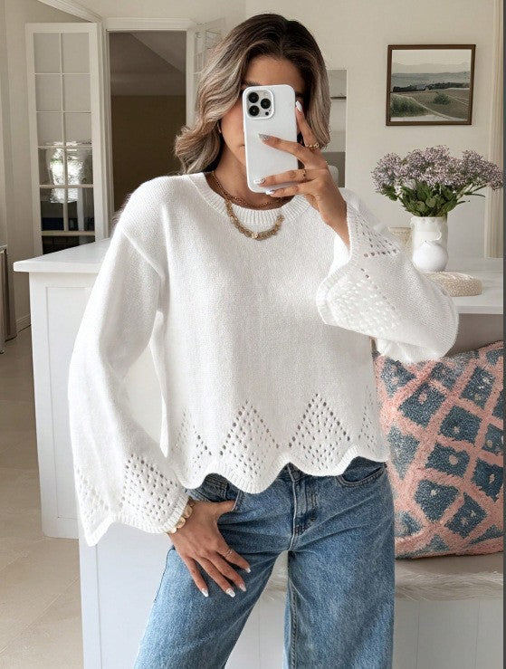 Women's Hollow Irregular Hem Round Neck Knitted Bottoming Shirt Sweater