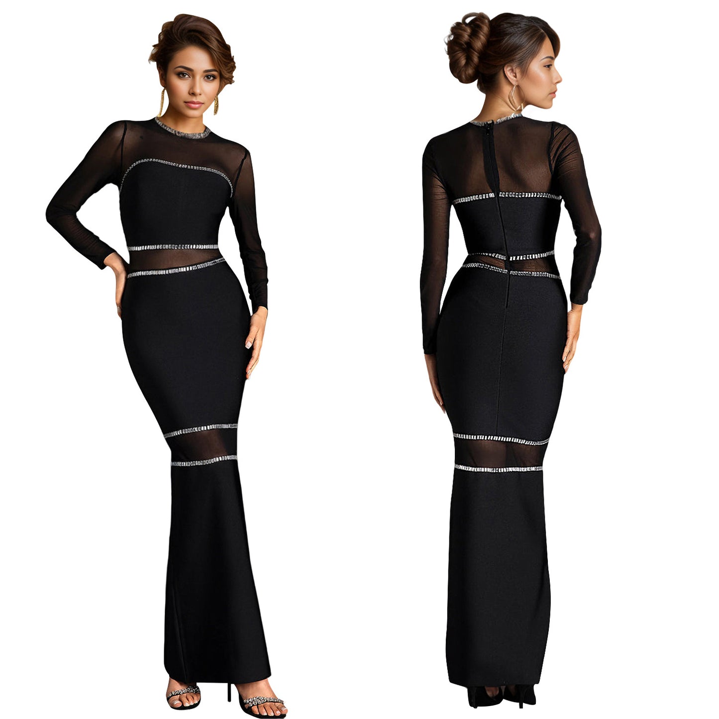 Women's Fashion Wear Rhinestone Mesh Dress Long Dresses