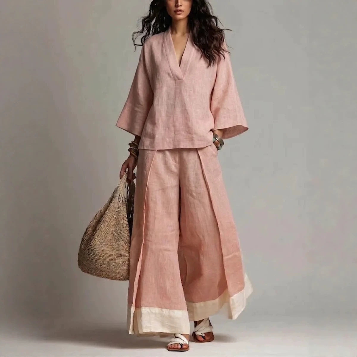 Women's Cotton Linen French Collar Sleeve Shirt Contrast Fashion Casual Suit