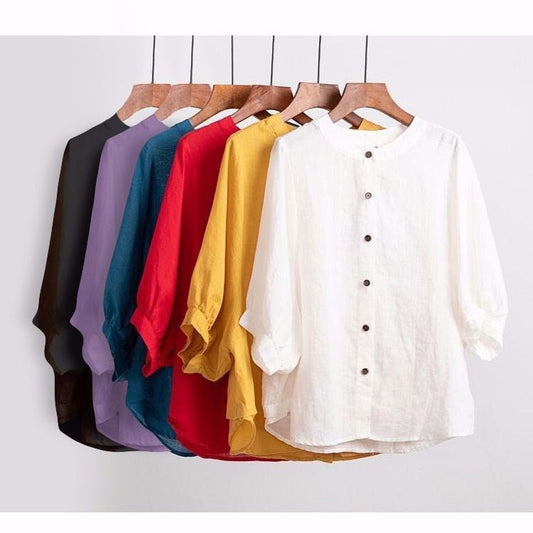 Women's Summer Cotton Shirt Lantern Sleeve Retro Blouses