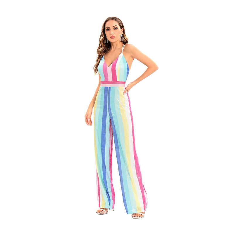 Women's Striped Sequined Deep V One-piece Casual Pants