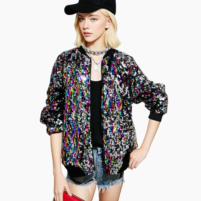 Women's Autumn Sequined Loose Sequin Baseball Jackets