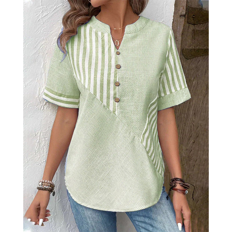 Women's Shirt Asymmetric Striped Stitching Cotton Linen Blouses