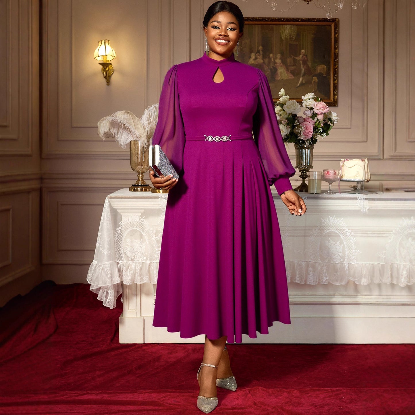 Women's Large Elegant Purple Midi Dress High Collar Dresses