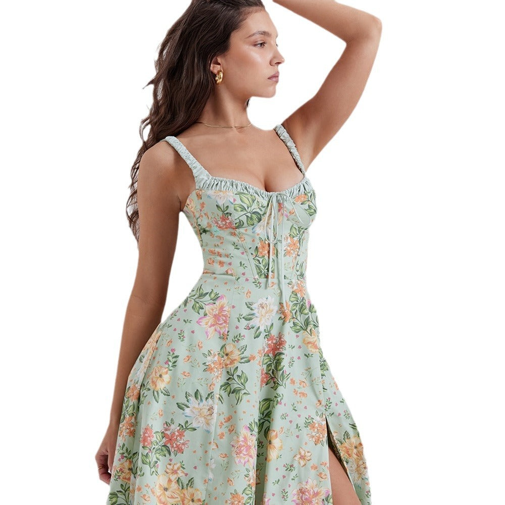 Women's Sexy Sling Stitching Printing Large Swing Dresses