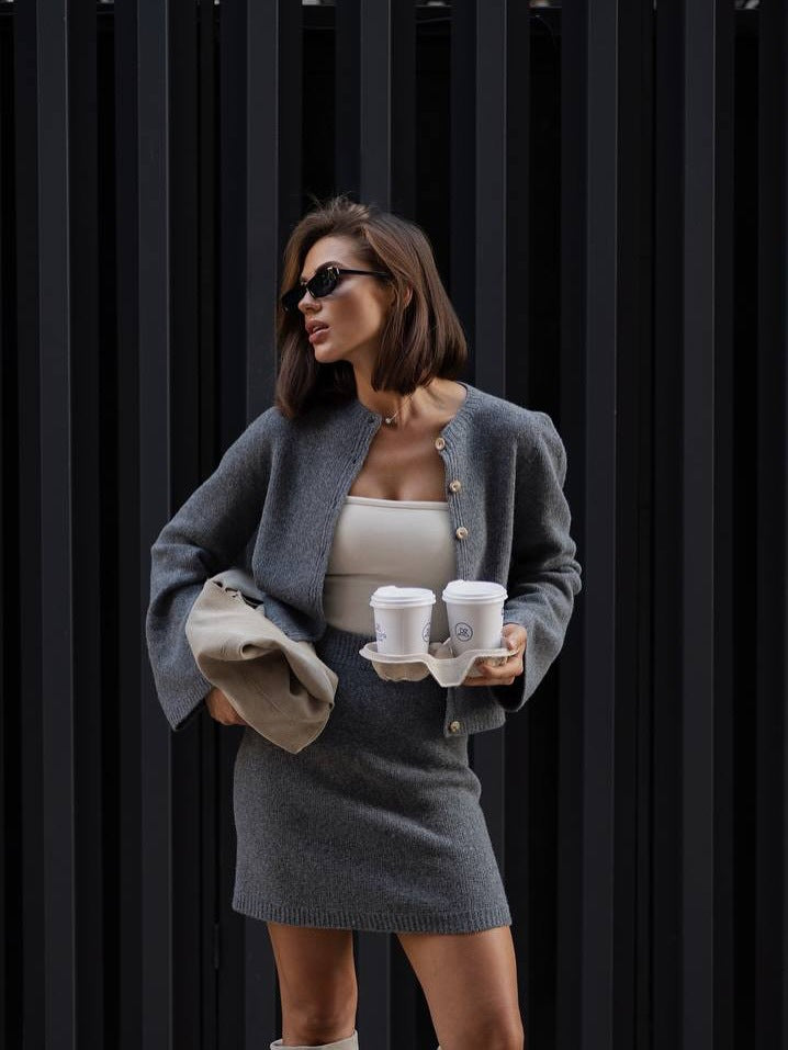 Women's Temperament Slimming Round Neck Long-sleeved Two-piece Suits