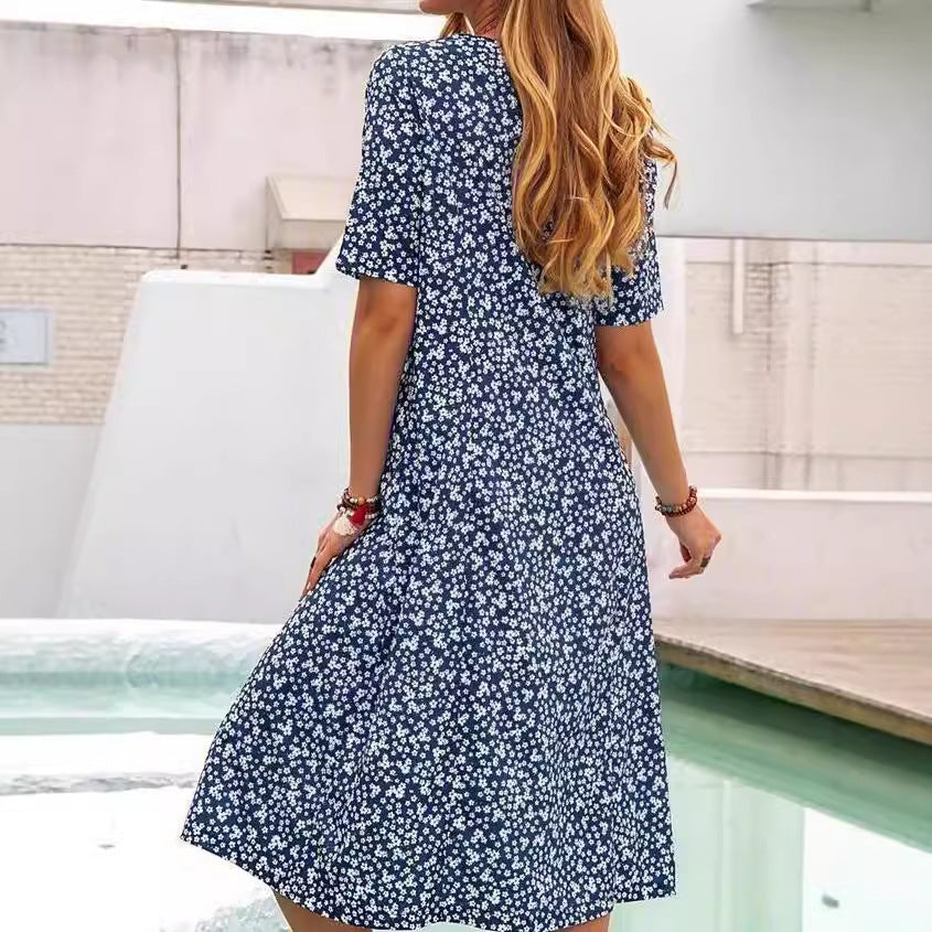 Floral Round Neck Pocket Sleeve Casual Mid-length Dress