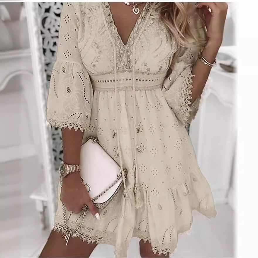 Women's White Hollow Tassel Embroidered Dress Dresses