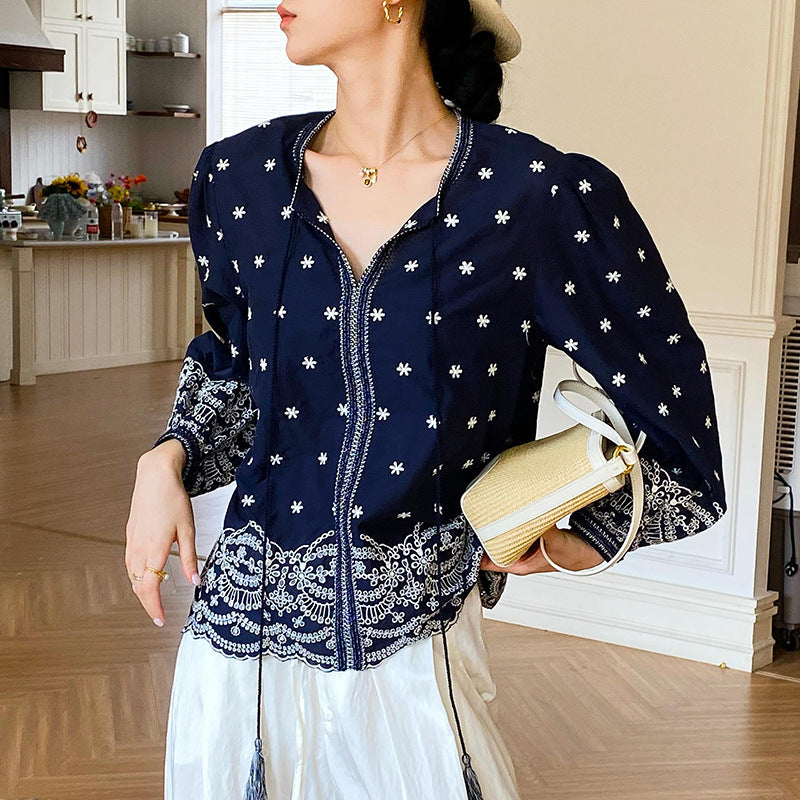 Women's Shirt Long Sleeve French Style Embroidery Tops