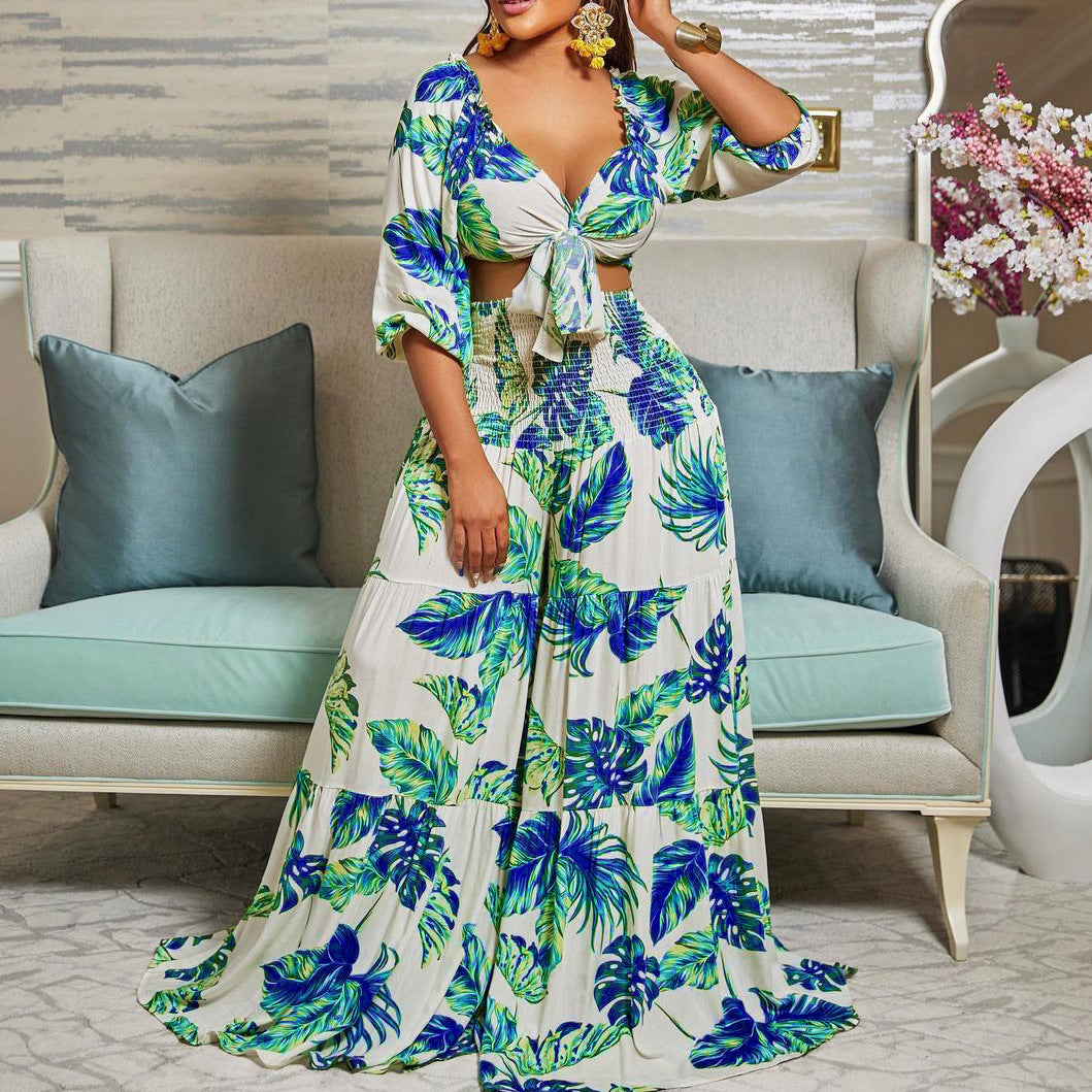 Printed Tied Wide Leg Two-piece Set Fashion Casual Suit