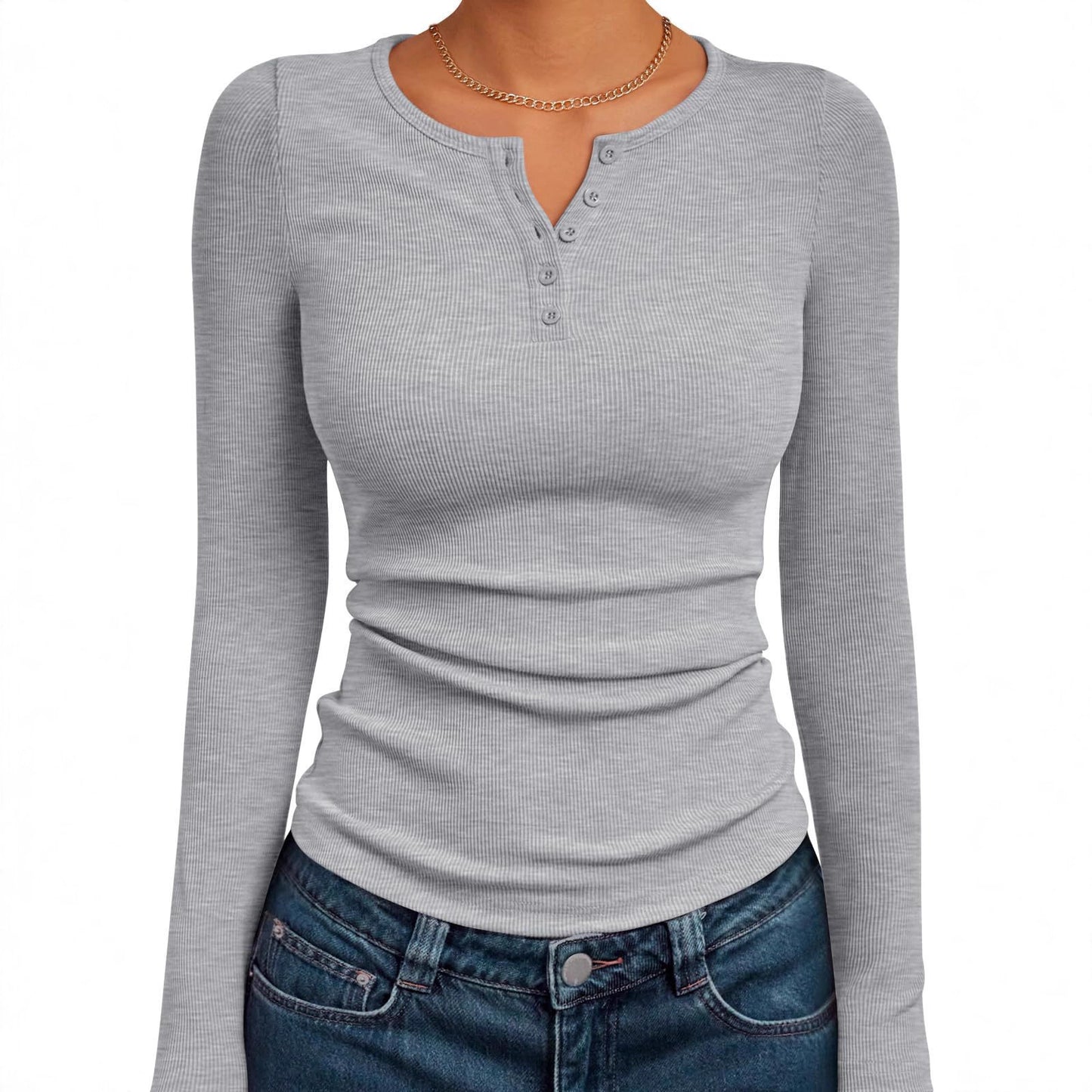 Women's Long Sleeve Button Rib Slim Fit Women's Sweater