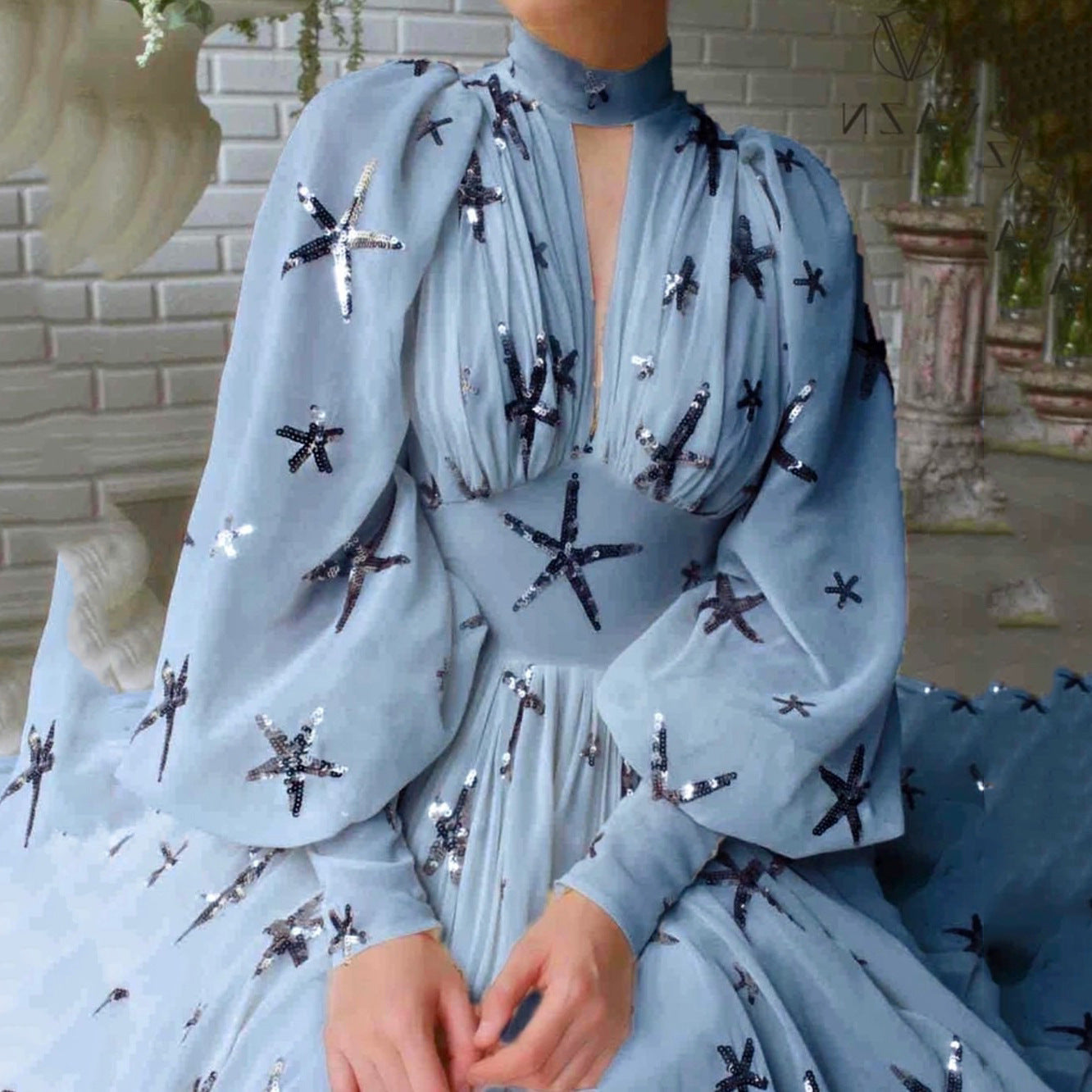 Half Turtleneck Sequined Slit Lantern Sleeve Formal Swing Dresses