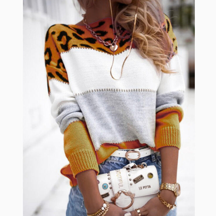 Women's Wild Leopard Print Pullover Color Matching Knitwear