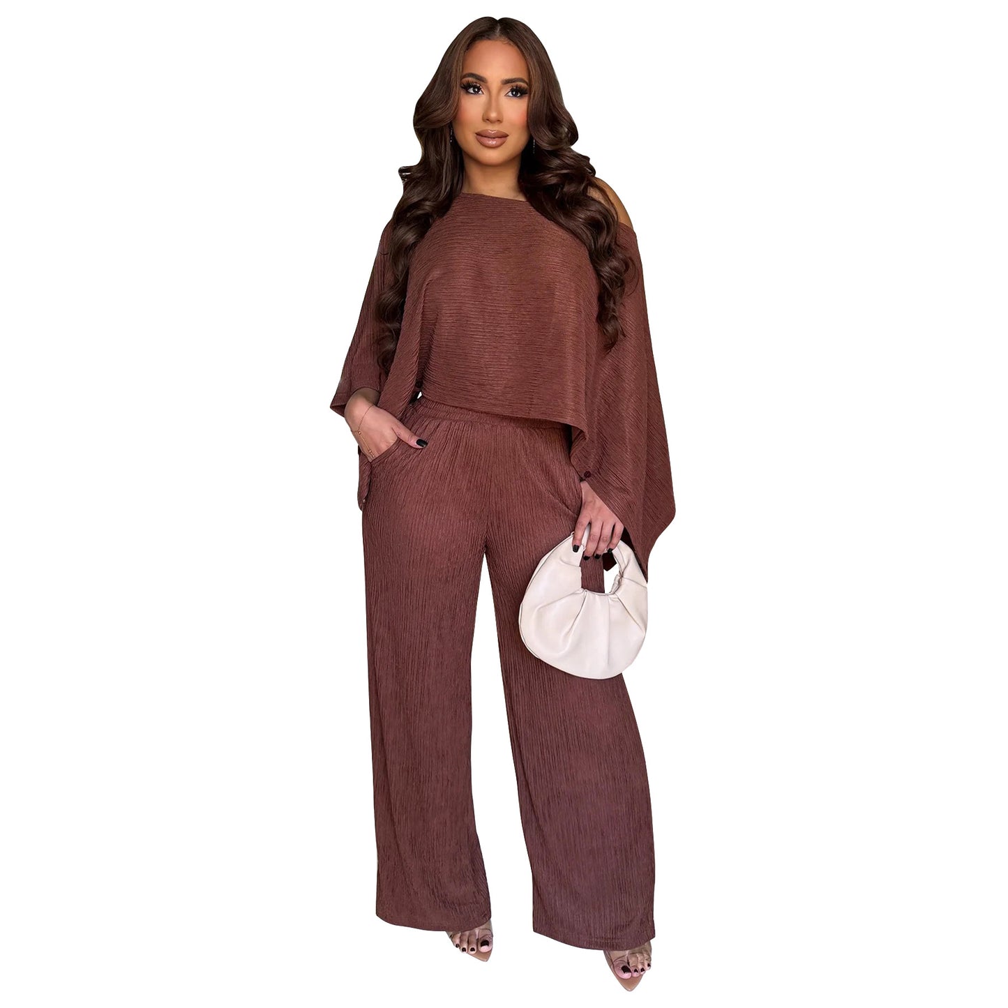 Women's Fashion Wear Pleated Oblique Shoulder Trousers Solid Suits