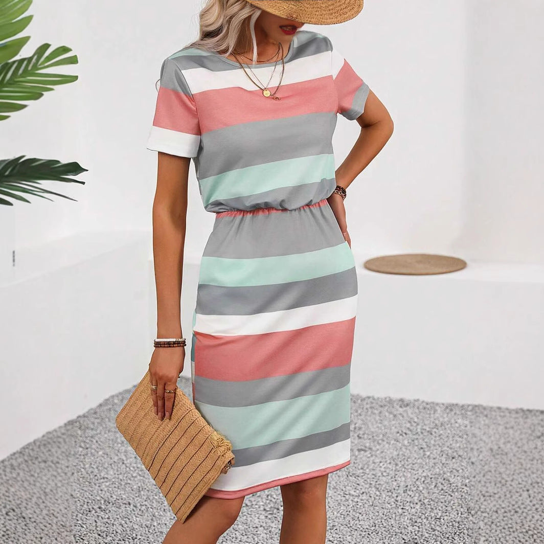 Striped Printed Round Neck Sleeve Dress Shorts
