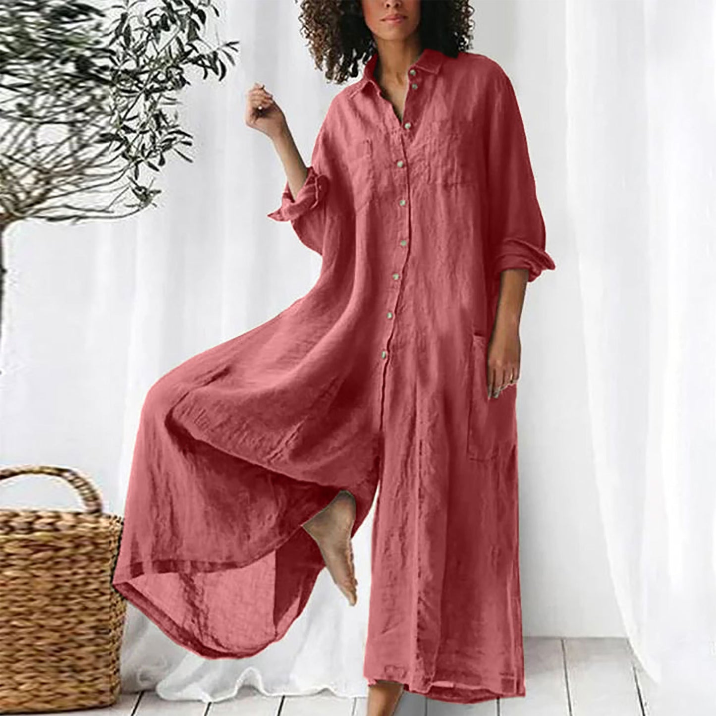 Women's Solid Color Casual Long Sleeves Mid-length Jumpsuits