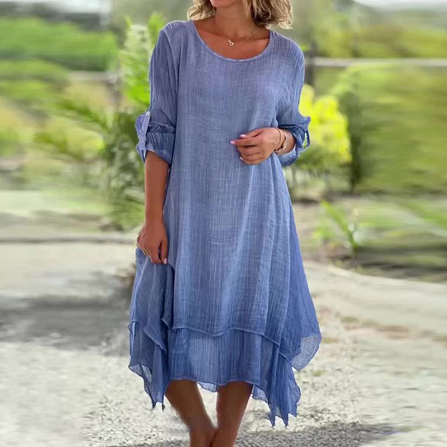 Women's Fashion Casual Round Neck Long Sleeve Double Dresses
