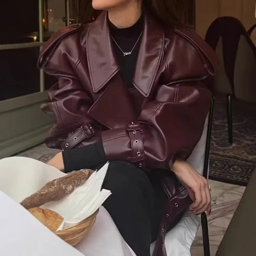 Women's Leather Personality Street Lapel Adjustable Cuff Jackets