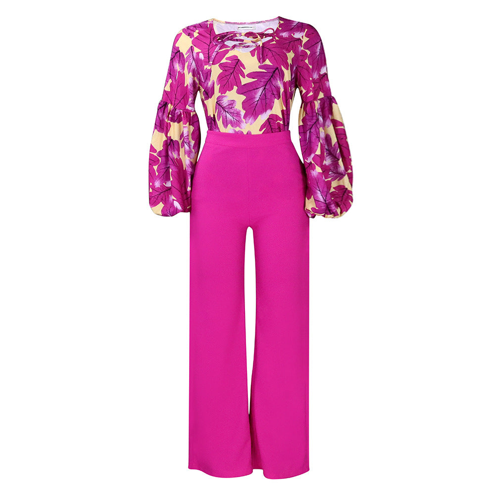 Women's Large Printed Lace Up Wide Leg Fashion Casual Suit