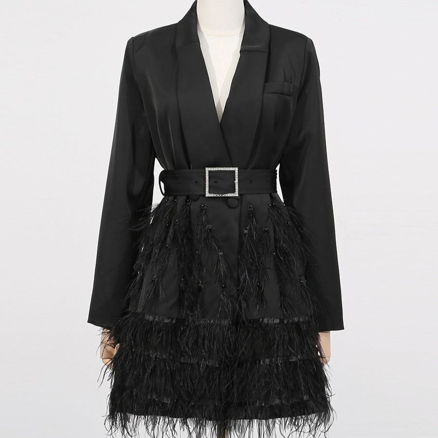 Women's Autumn Ostrich Feather Belt Slim Fit Slimming Dress
