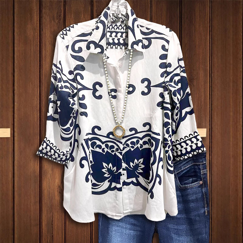 Women's Retro Black White Square Scarf Printed Shirt Court Blouses