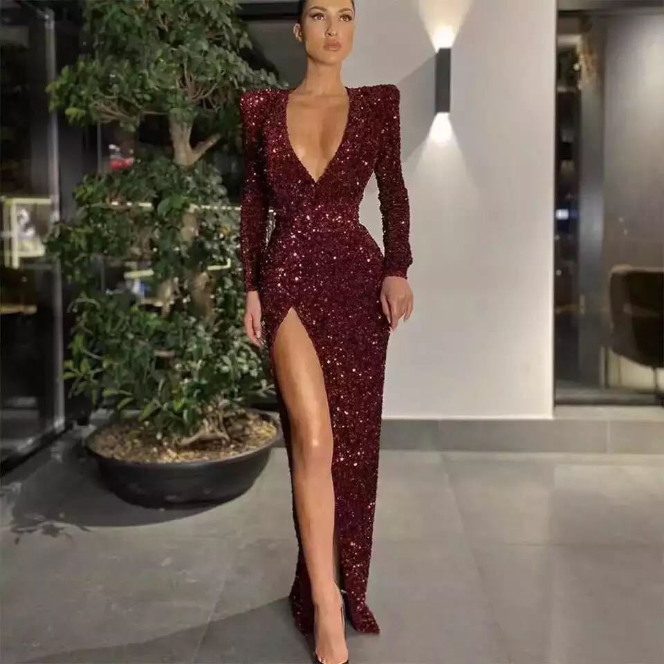 Women's Sexy Long-sleeved Sequined Dress Split Spring Dresses