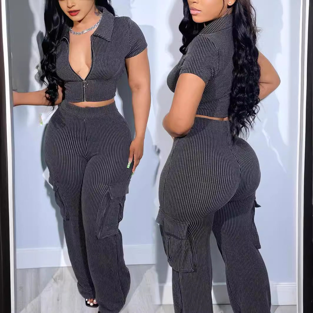 Zipper Trousers Casual Solid Color Two-piece Suits