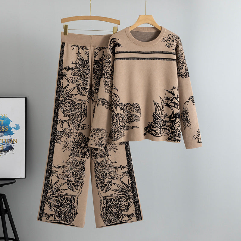 Women's Ink Painting Jacquard Printed Knitted Trousers Two-piece Sweaters