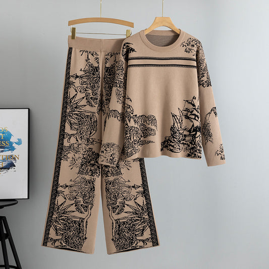 Women's Ink Painting Jacquard Printed Knitted Trousers Two-piece Sweaters