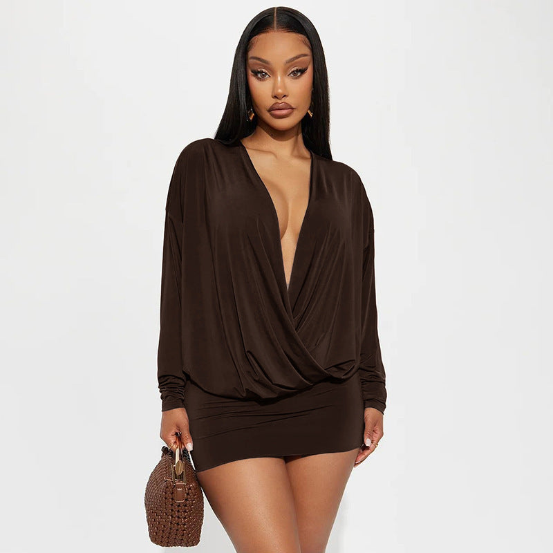 Women's Color Fashion Deep V Long Sleeve Sheath Dress
