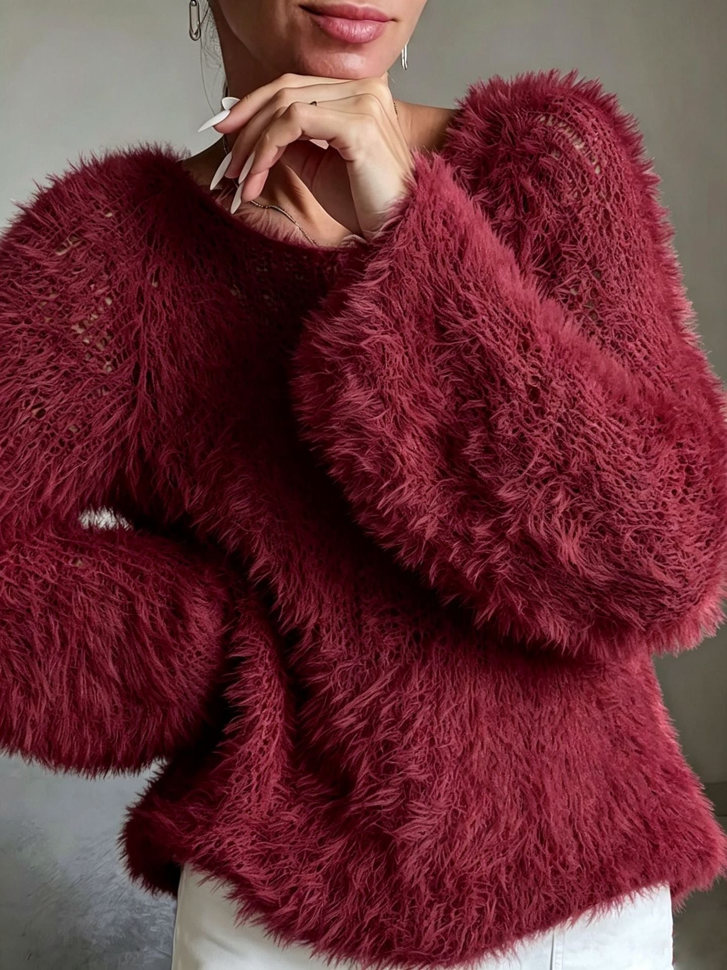 Women's Neck Fluffy Design Solid Long Sleeve Tops