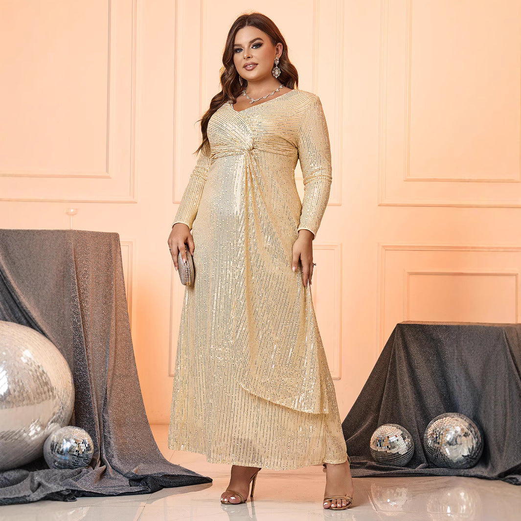 Women's Fashionable Elegant Pure Color Sequins Long Evening Dresses