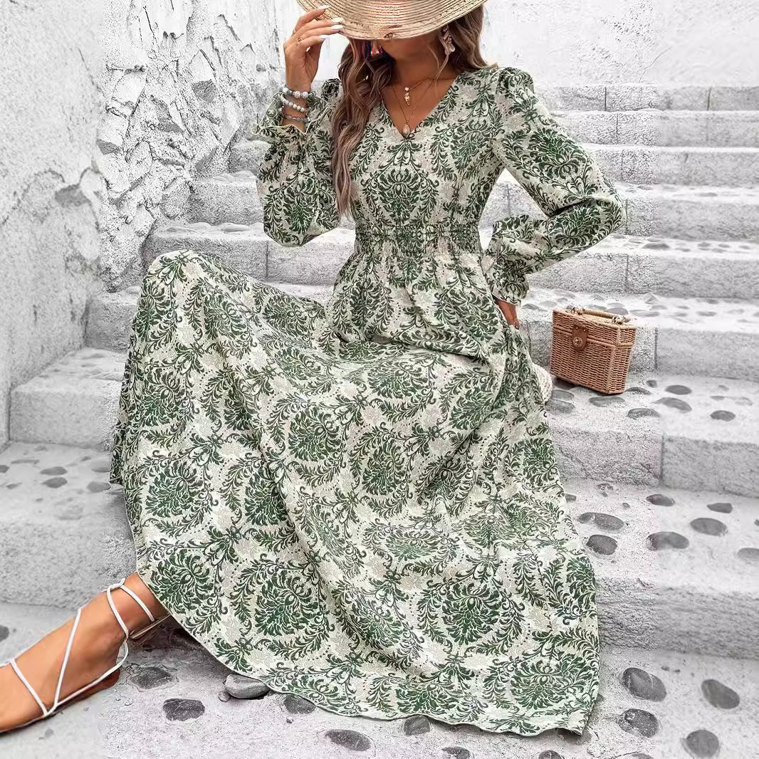 Women's Autumn Printed Fashionable Long Sleeve Big Dress