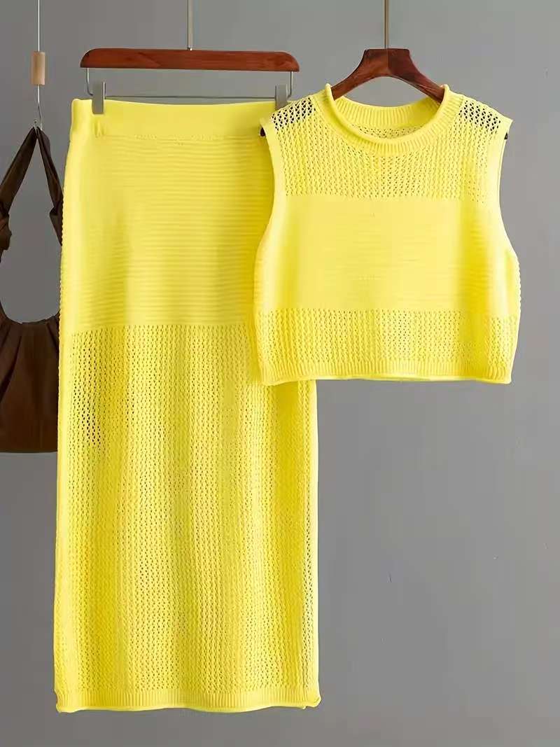 Hollow Sleeveless Summer Knitted Slit Two-piece Sweater