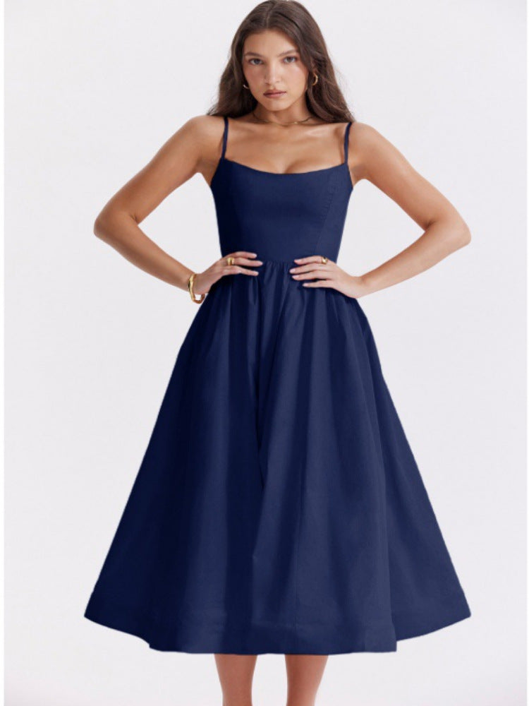 Women's Color Sexy Backless Spaghetti Straps Large Dress