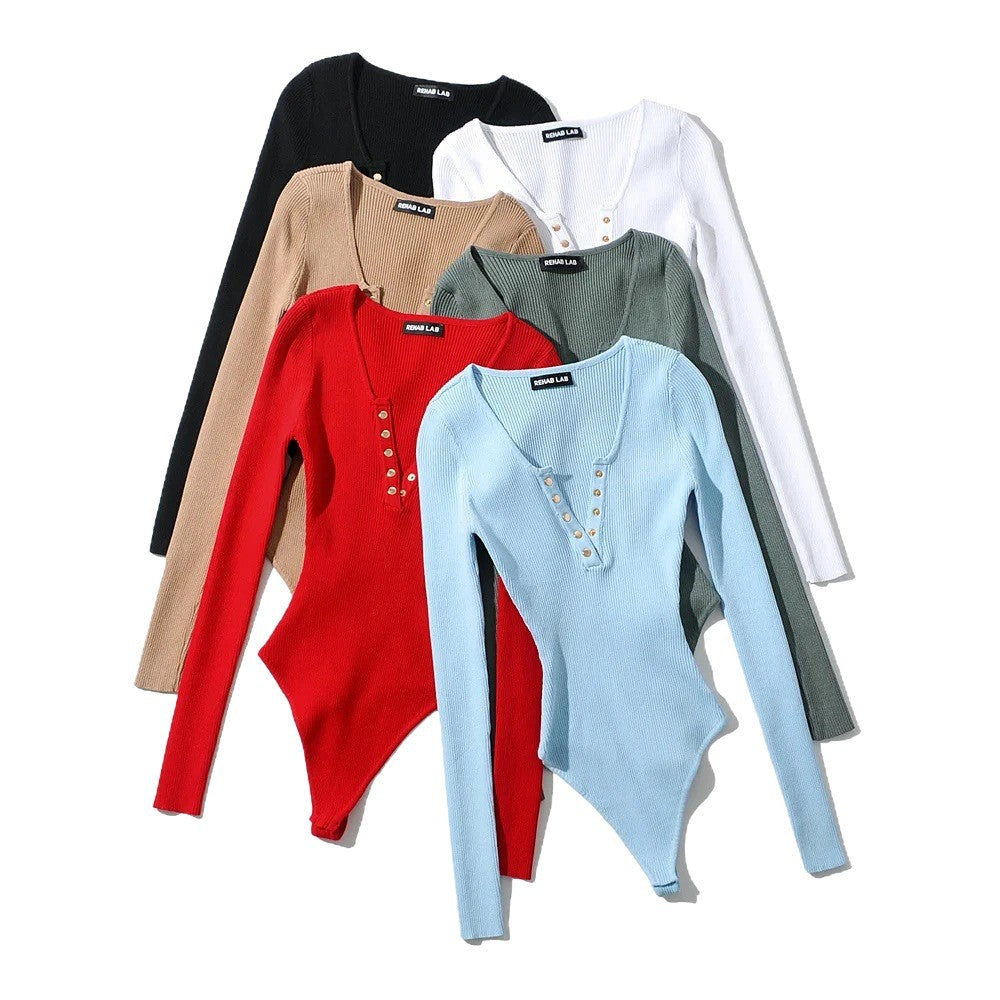 Women's Hot Sexy Button Knitted Long Sleeve Jumpsuits