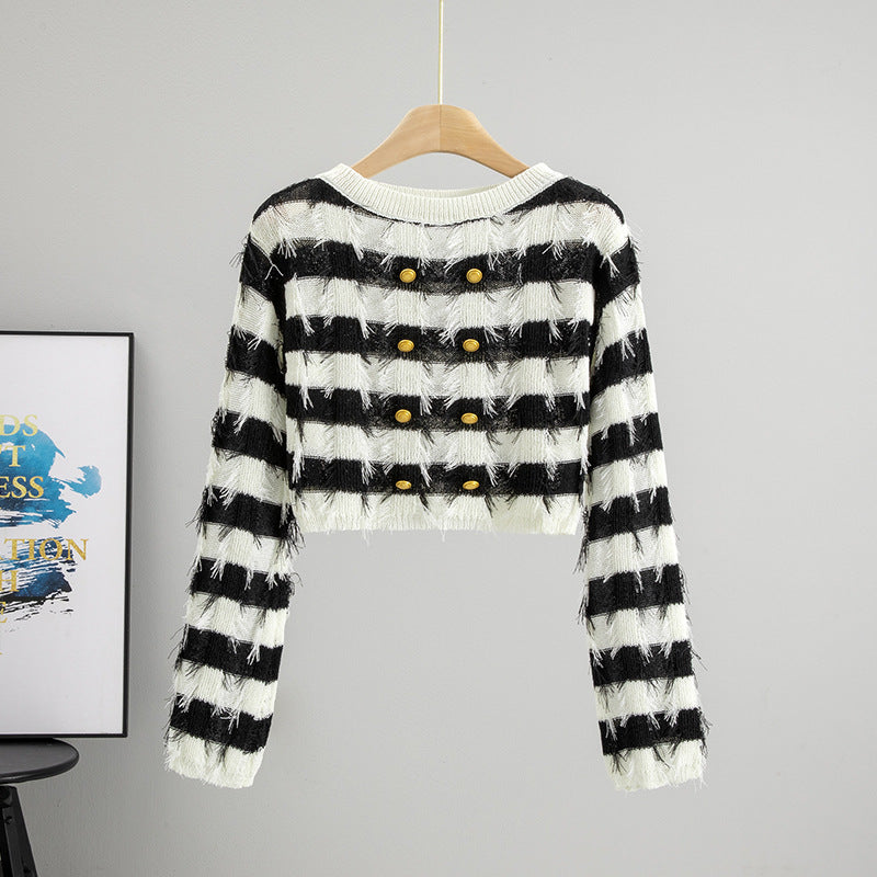 Women's Knitted Long-sleeved Niche Tassel Striped Pullover Round Shorts