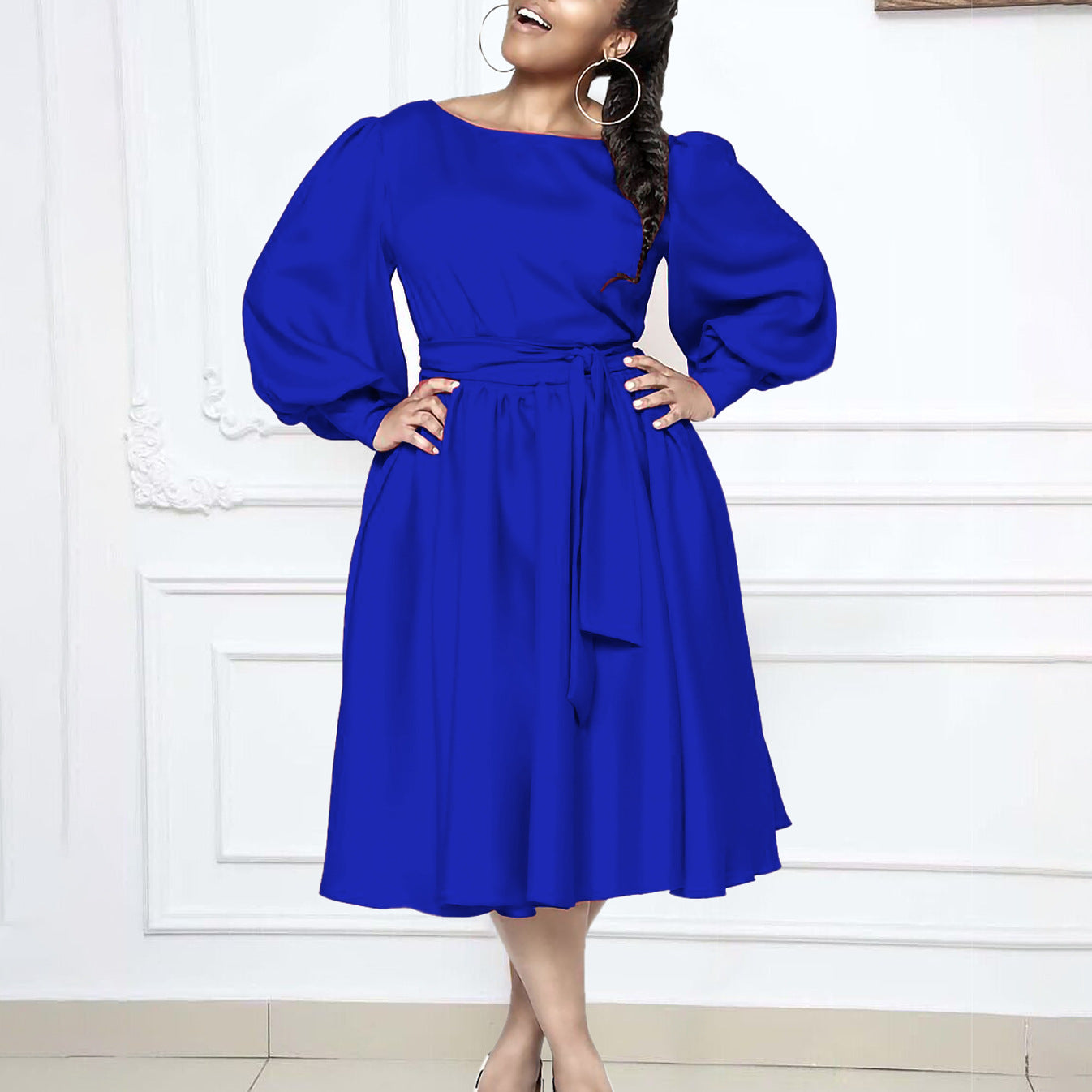 Women's Spring Long-sleeved Round Neck Solid Color A- Dress