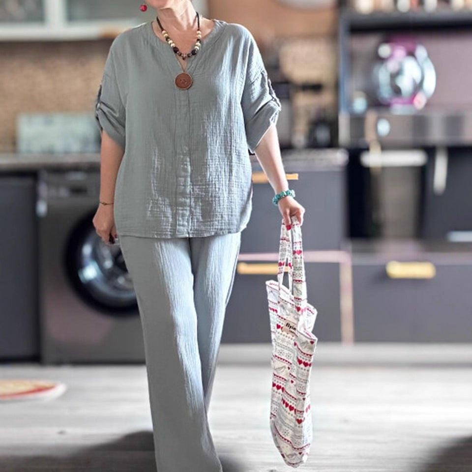 Women's Cotton Linen Loose Two-piece Half Sleeve Fashion Casual Suit