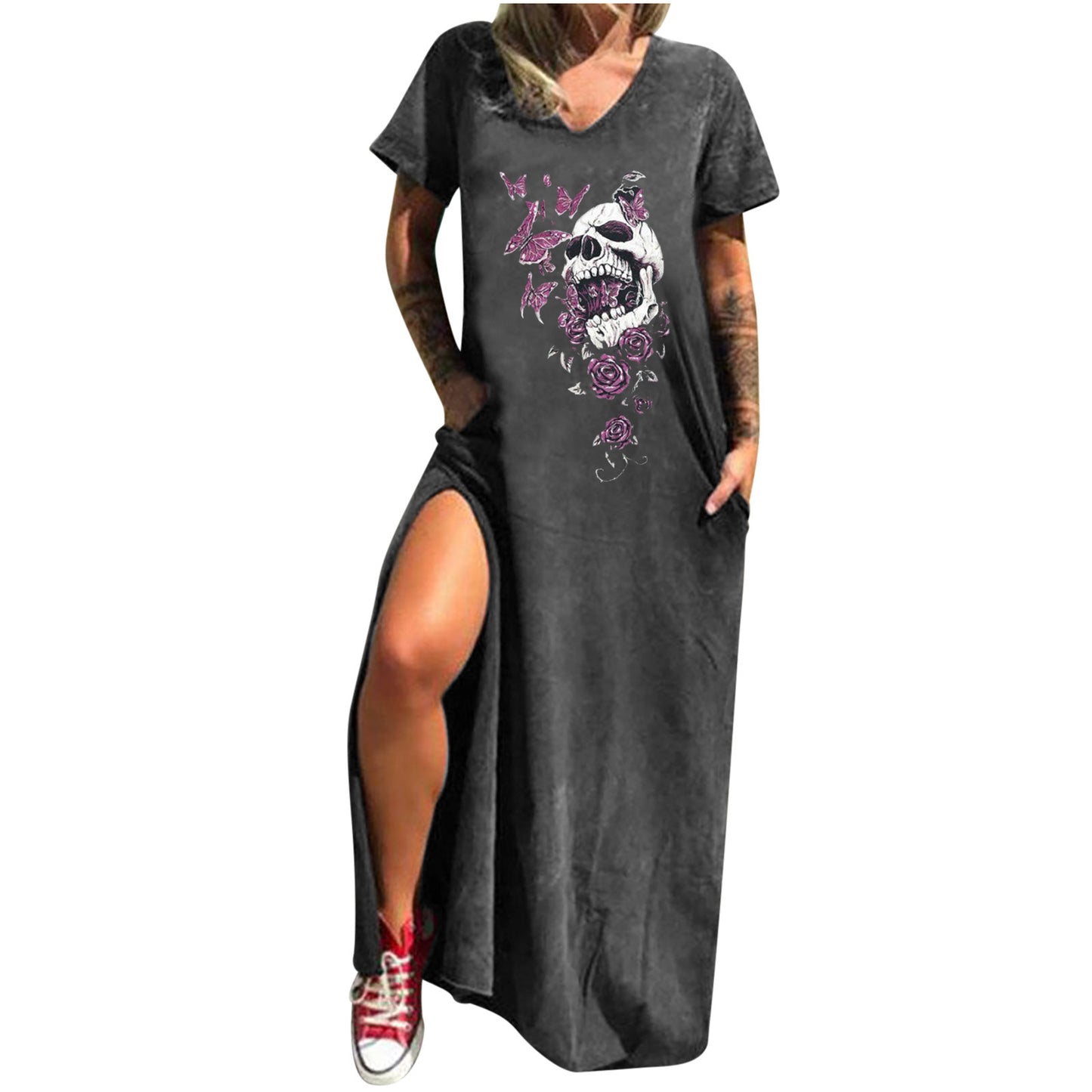 Skull Print Street Fashion Sleeve Slit Shorts