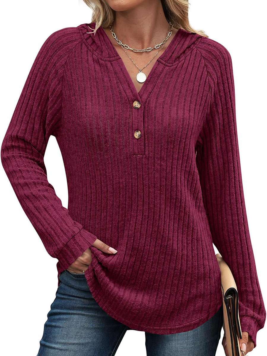 Solid Color Button Loose Hooded Fleece Women's Sweater