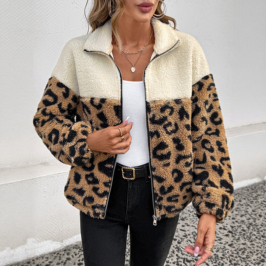 Women's Long-sleeved Leopard Print Wool Warm Polo Jackets
