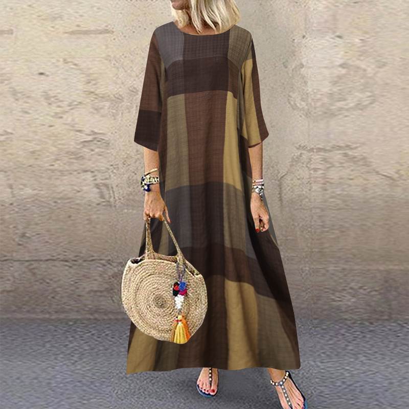 Women's Summer Retro Dress Casual Sleeve Plaid Dresses