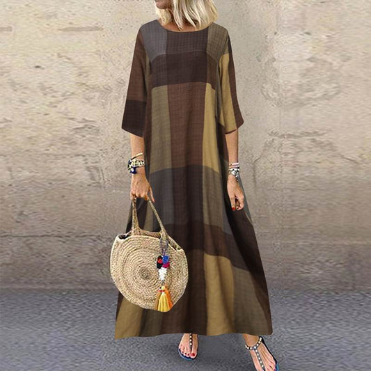 Women's Summer Retro Dress Casual Sleeve Plaid Dresses